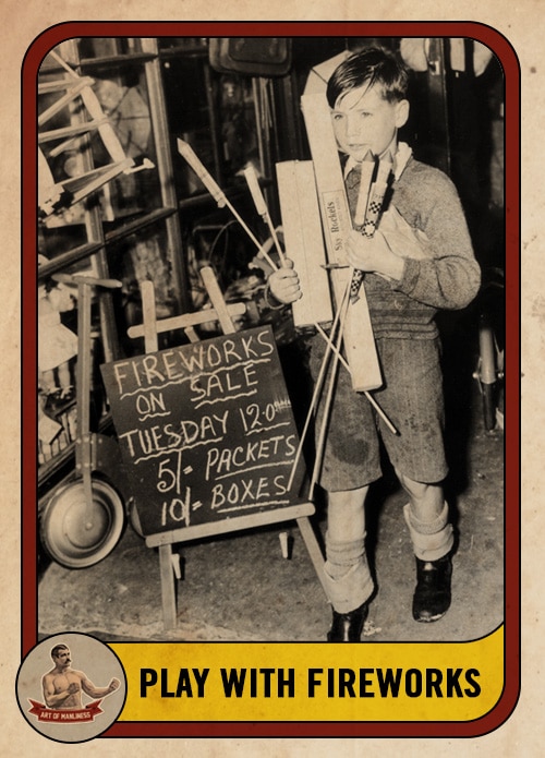 Vintage young kid buying and holding fireworks.