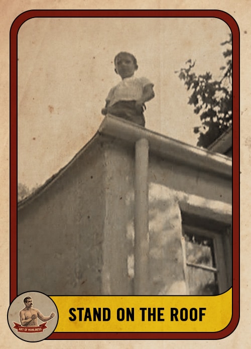 Vintage boy standing on the roof of a house.