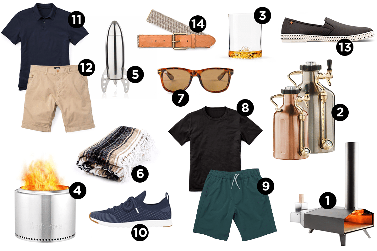 A collage of men's clothing and accessories outfitted for a Summer BBQ.