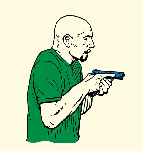 Man holding pistol in high ready position illustration.