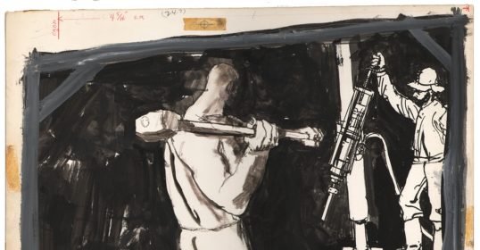 A tragic black and white drawing of a man with a hammer.