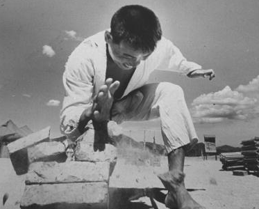 An old black and white photo of a man perfecting his kicks on bricks.