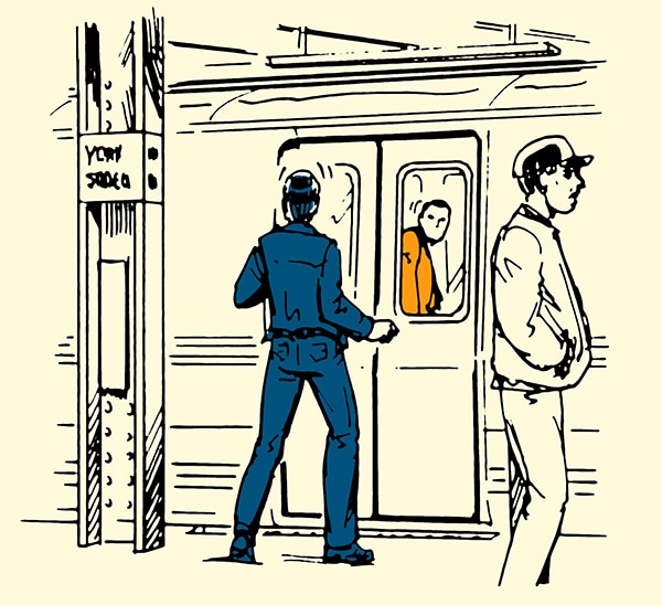 man escaping being followed onto subway illustration