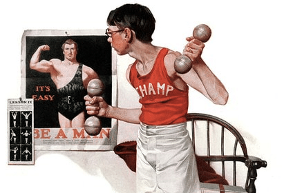 Looking to gain weight? A young man is holding dumbbells in front of a poster, learning how to bulk up.