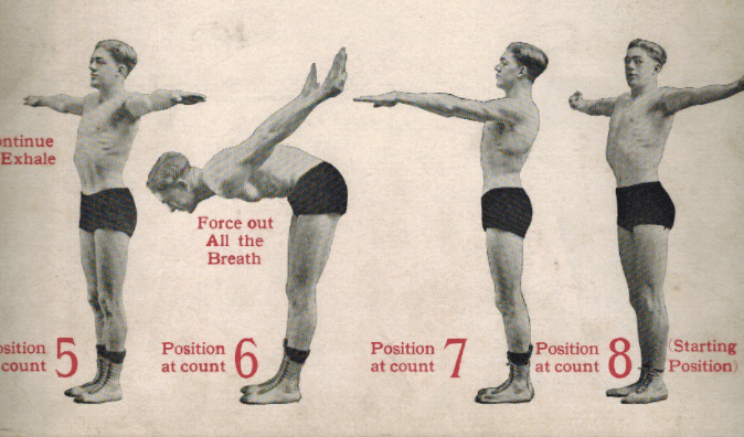 A picture of a man doing a series of famous exercises.