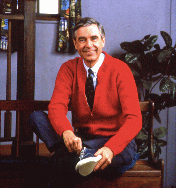 Mr rogers classic red sweater and smile.