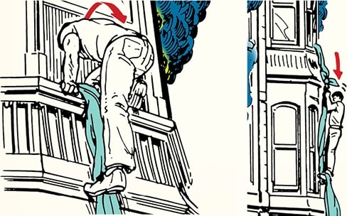 Illustration showing a man using bedsheets to climb out of a window onto a ledge, with another person inside pointing at him.