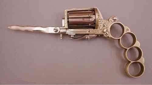 Two pictures of a revolver with a ring on it and Gun Knife.
