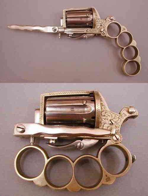Two pictures of a revolver with a ring on it and Gun Knife.