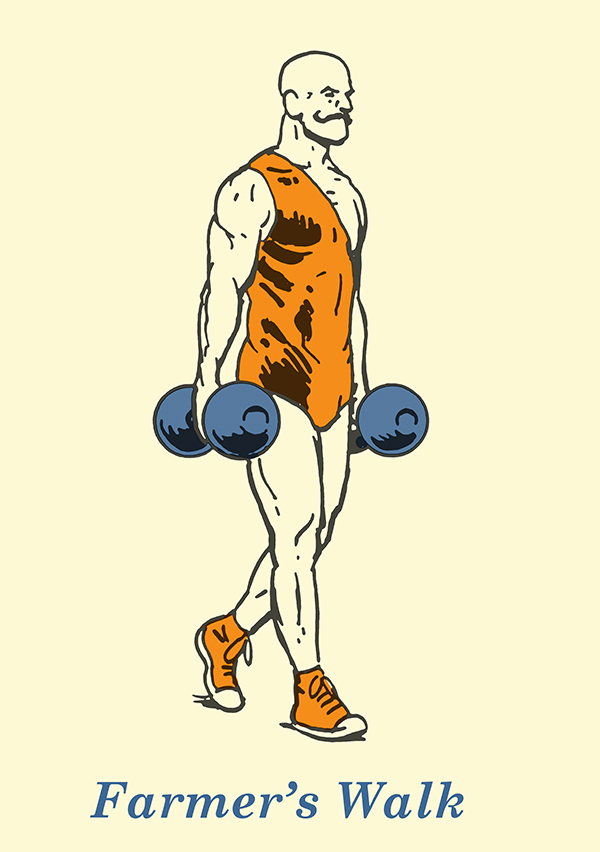 Vintage strong man doing Farmer's walk illustration.