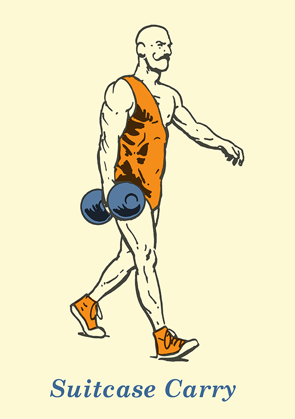 Vintage strong man doing Suitcase carry illustration.