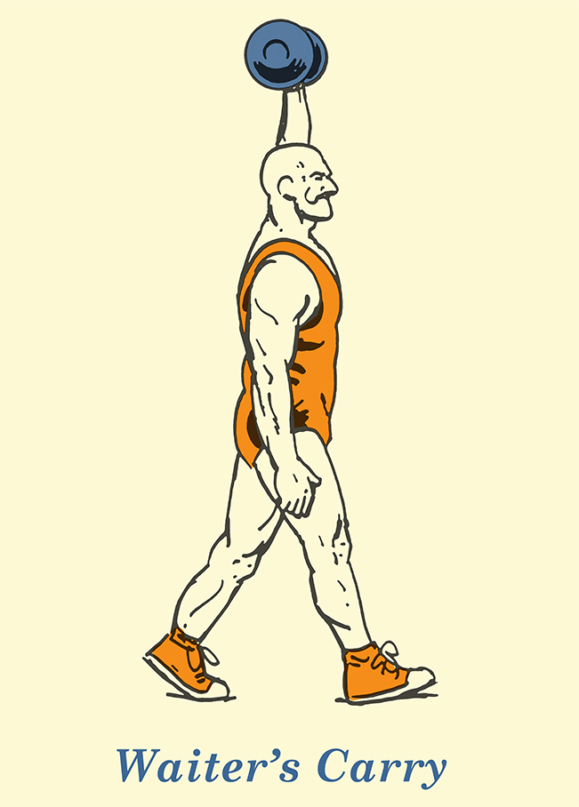 Vintage strong man doing Waiter's carry illustration.