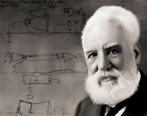 Alexander Graham Bell with background of his drawings.