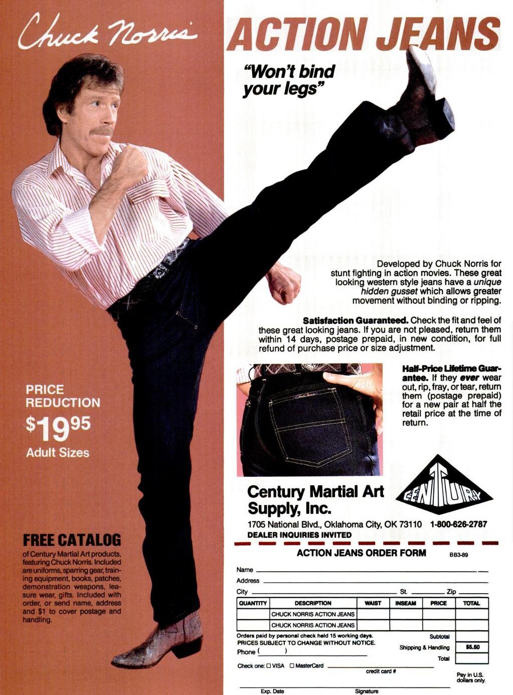 An ad for Action Jeans featuring a man kicking a pair of jeans that embodies the spirit of Chuck Norris.