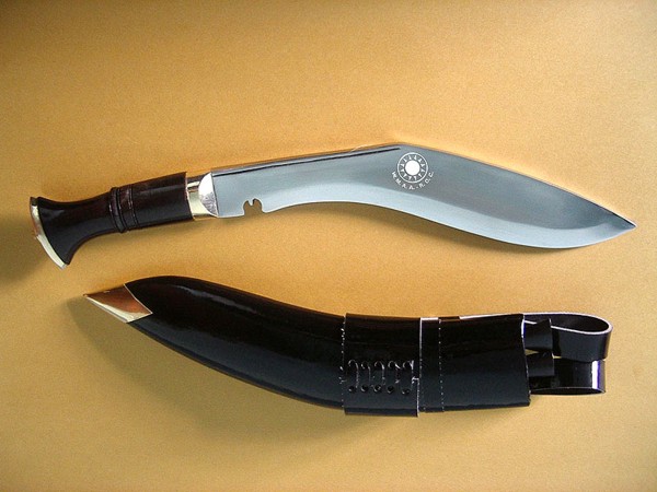 A knife with a black handle and a sheath.