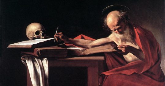 A painting of an old man writing at a table with a skull, embodying spiritual simplicity.