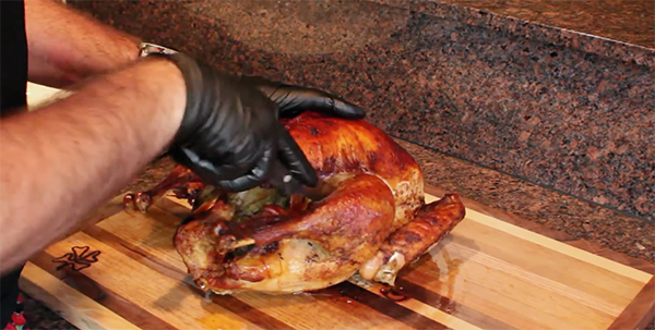 Separating the leg and thigh from the body of turkey.