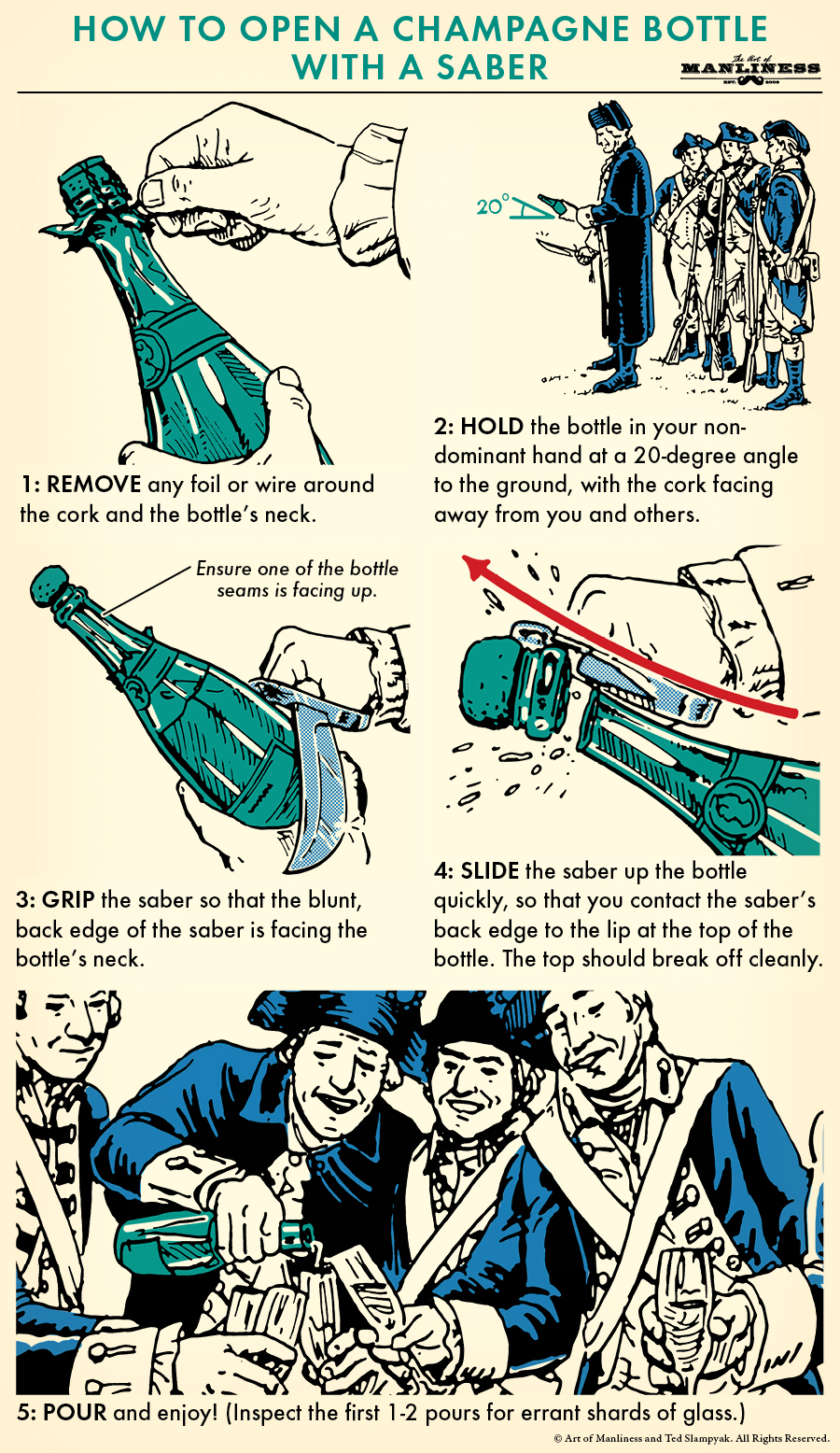 Procedure to open a champagne bottle with a saber illustration.