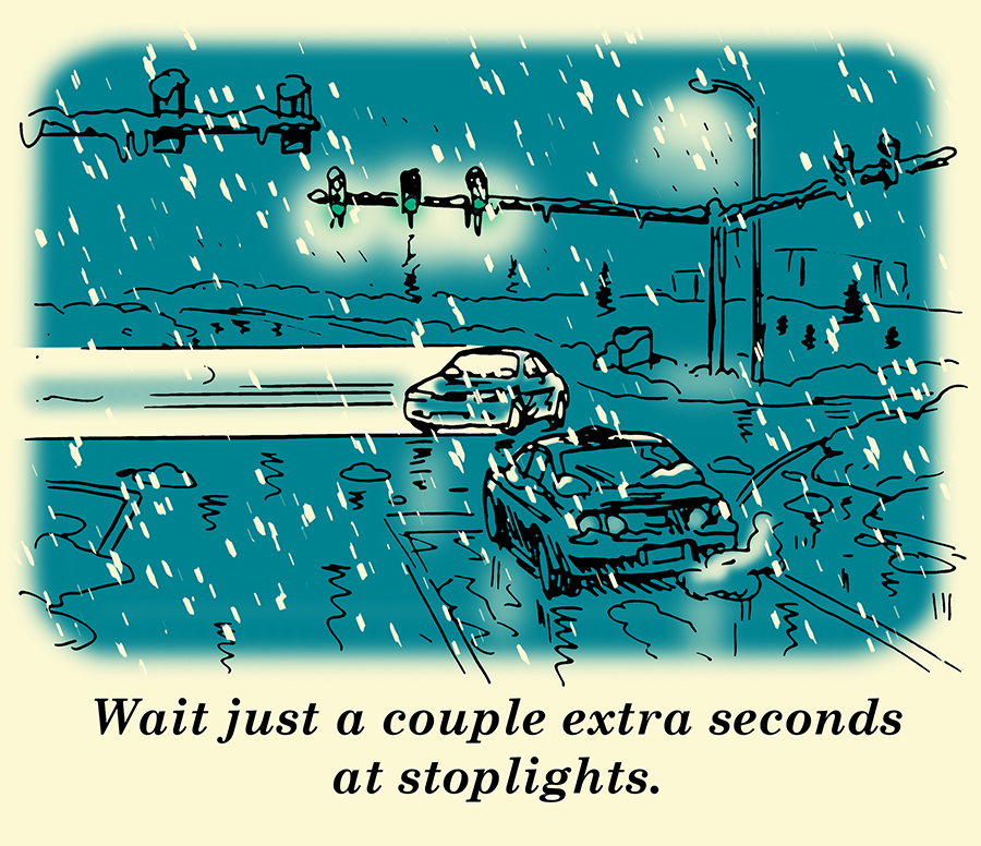 Waiting at stoplight winter driving illustration.