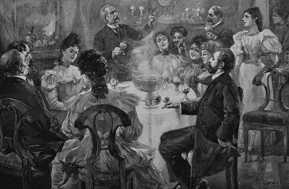 Vintage drawing about men and women toasting at dinner party.