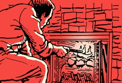 Illustration of a person tending to a cozy fire in a brick fireplace.