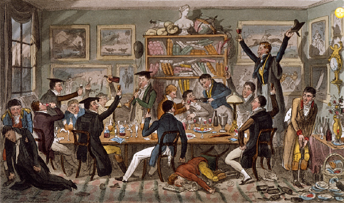 Vintage painting about men toasting and drinking.