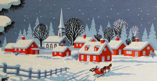 A Christmas card with a red sleigh in the snow, 2017.