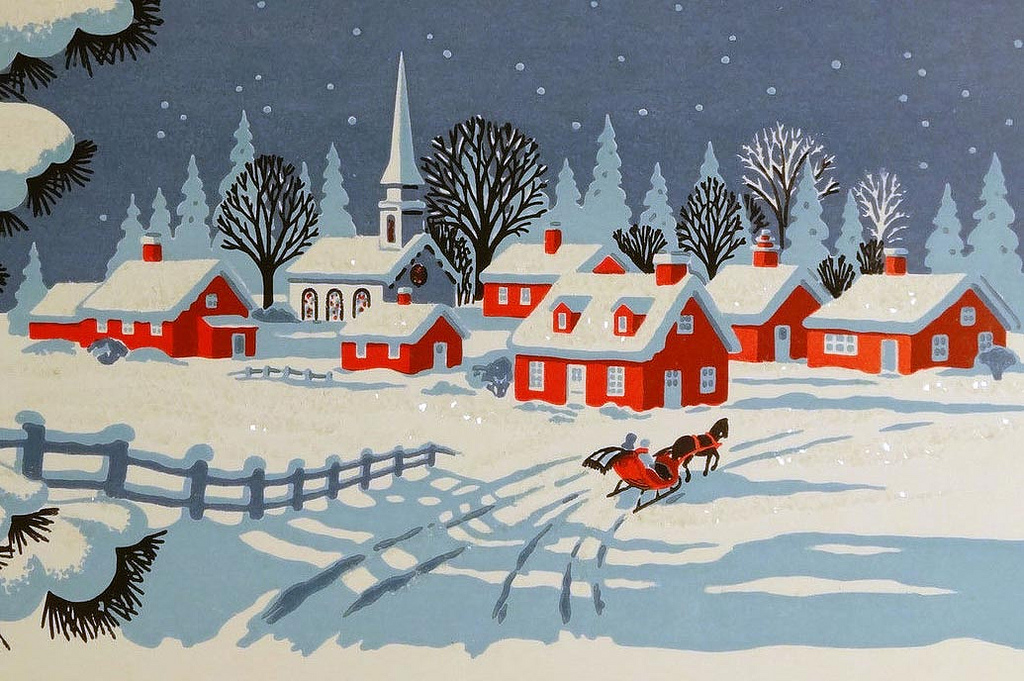 A Christmas card with a red sleigh in the snow, 2017.