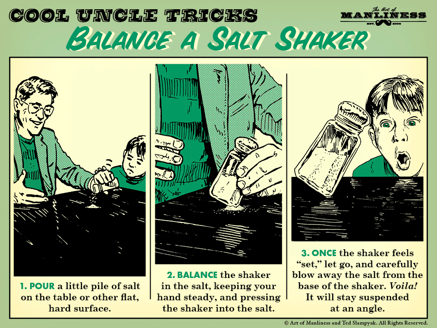 Comic guide about balancing a salt shaker by Art of Manliness. 