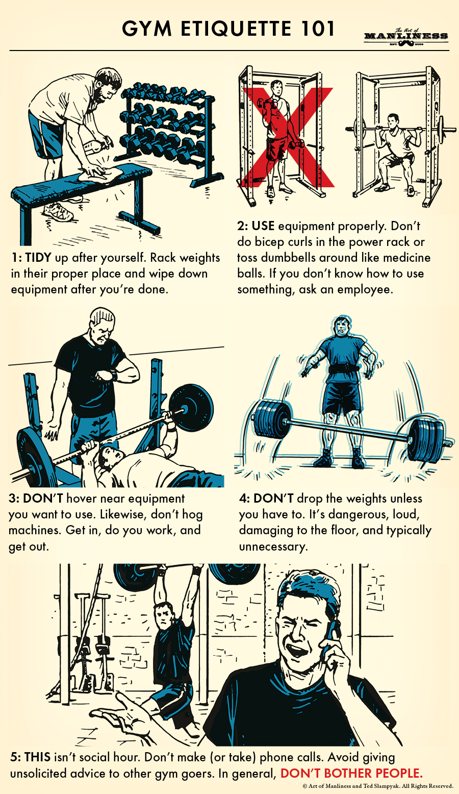 Gym etiquette 101 diagram illustration.