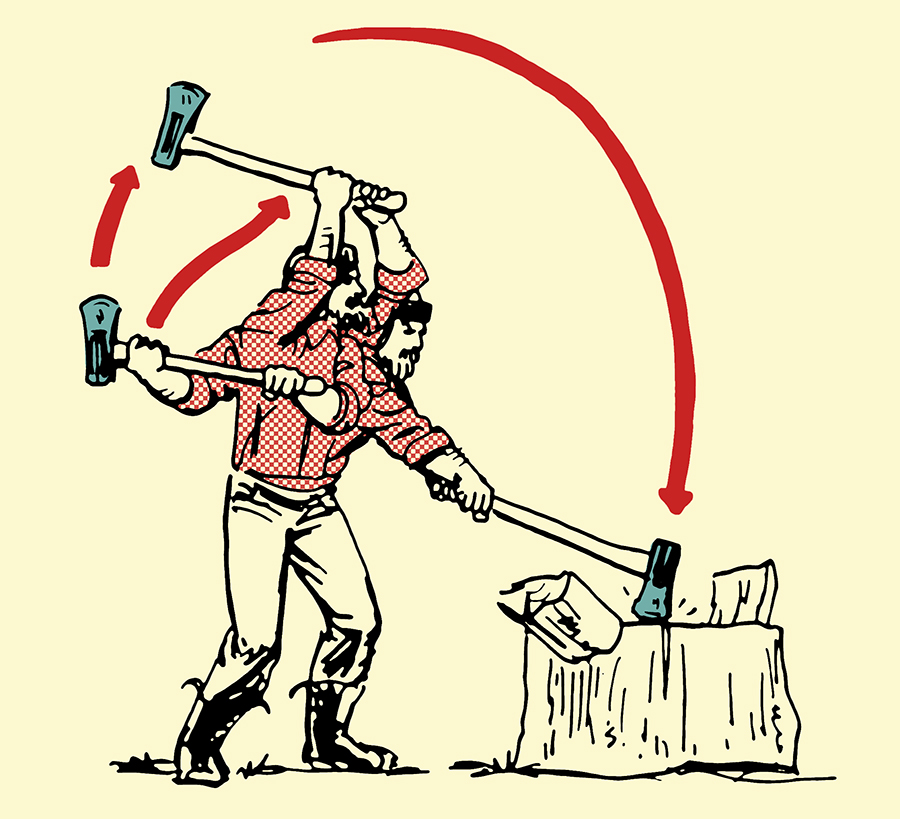 Swinging maul splitting wood illustration.