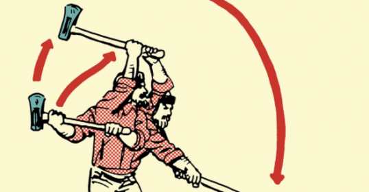 An illustration of a man holding a hammer, demonstrating how to split wood.