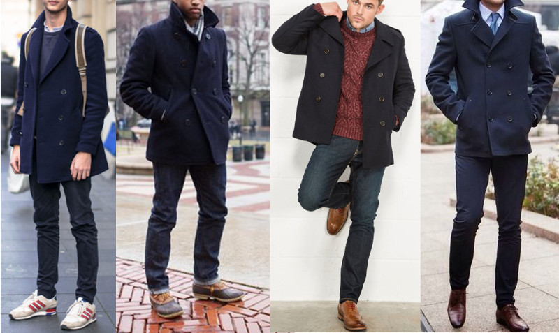 People wearing different styles of pea coats. 