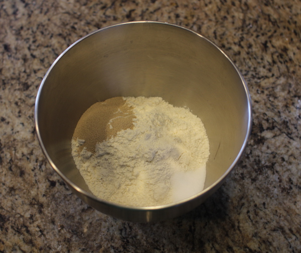 Flour, yeast and salt in a bowl. 