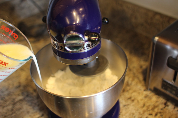 Electric mixer used for mixing ingredients of english muffins.