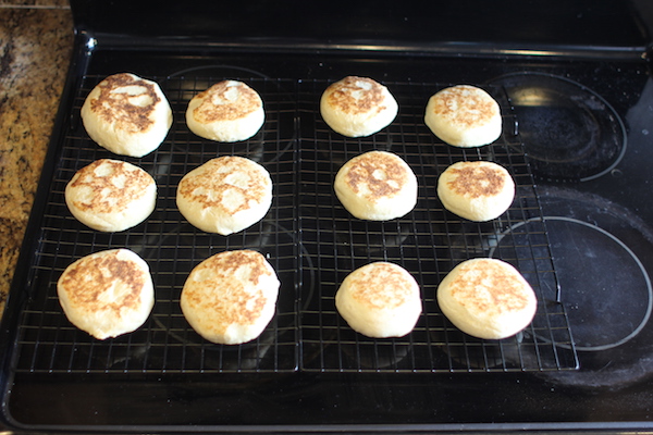 Baking english muffins on wire rack.