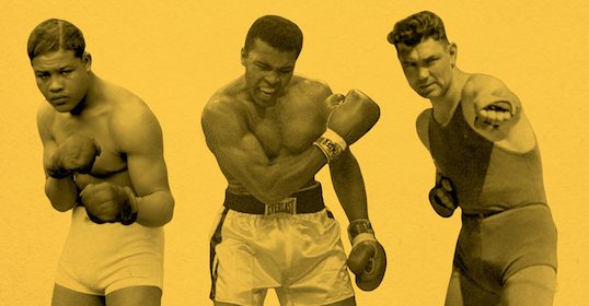 Three American heavyweight boxers posing in front of a yellow background.
