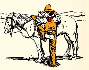 A cartoon of a cowboy in a hat displaying equestrian skills by hugging a horse, set against a simple line-drawn landscape.