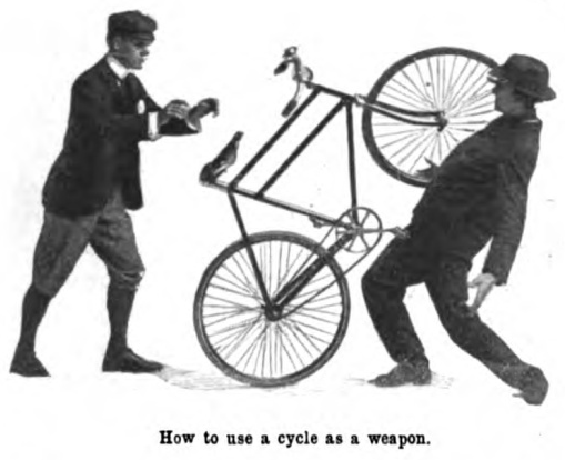 Vintage man throwing bicycle for hitting another man.