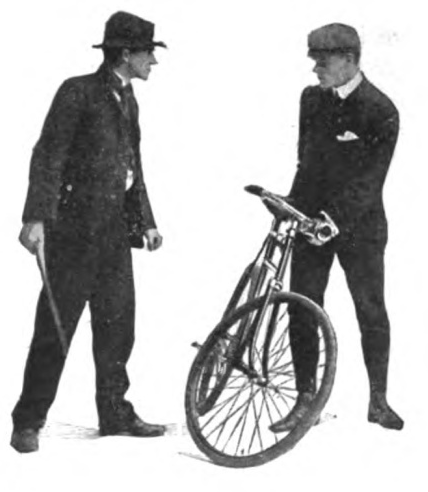 Vintage man holding stick and Staring at man holding a bicycle.