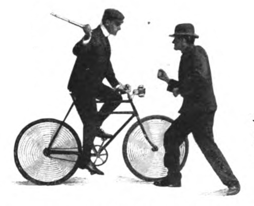 Illustration of vintage man riding a bicycle with stick.