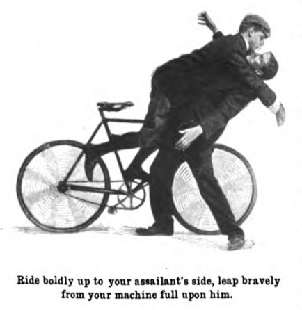 Vintage man leaping upon other man from bicycle.