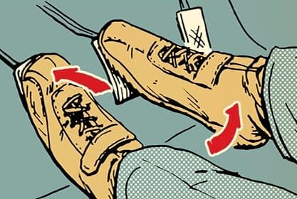Illustration of a foot pressing a car pedal using the heel-toe technique, with arrows indicating motion, suggesting acceleration or braking.
