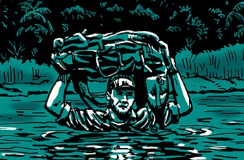 Illustration of a person skillfully wading through a piranha-infested river, holding a bag overhead with determination, surrounded by dense foliage.