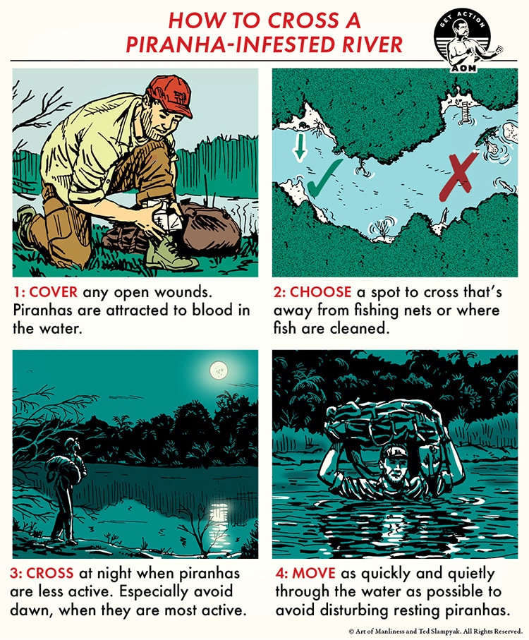 Skill of the Week: Master the art of crossing a piranha-infested river. Cover any wounds, pick a clear spot, cross under the cloak of night, and move swiftly to ensure your survival on this daring adventure.