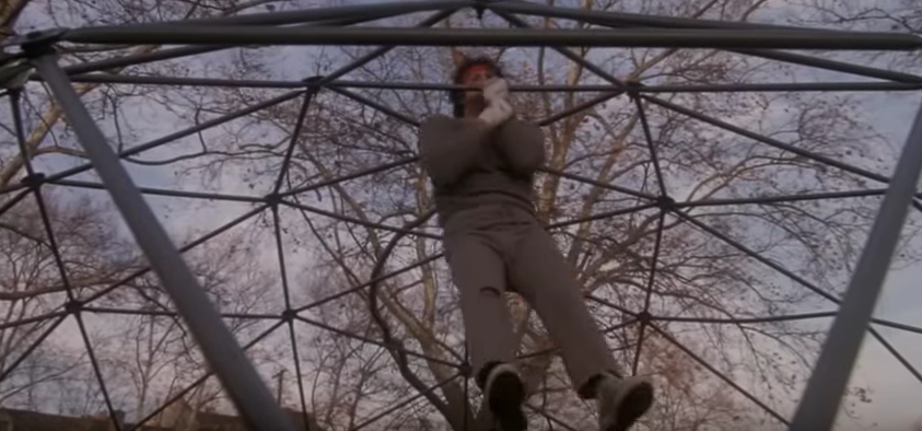 Rocky doing one-arm pull-ups in a jungle gym.