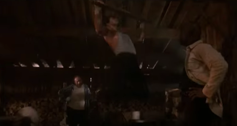 Rocky doing pull-ups on a beam.