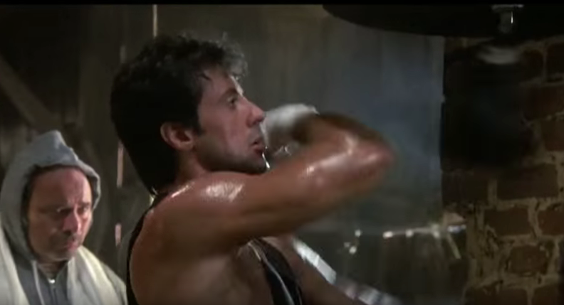 Rocky hitting the speed ball in movie.