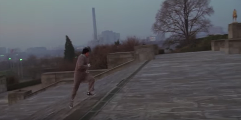 Rocky running on the stairs.