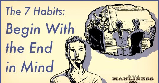 A man with a beard is contemplating in a thought bubble, practicing the 7 Habits to Begin With the End in Mind.